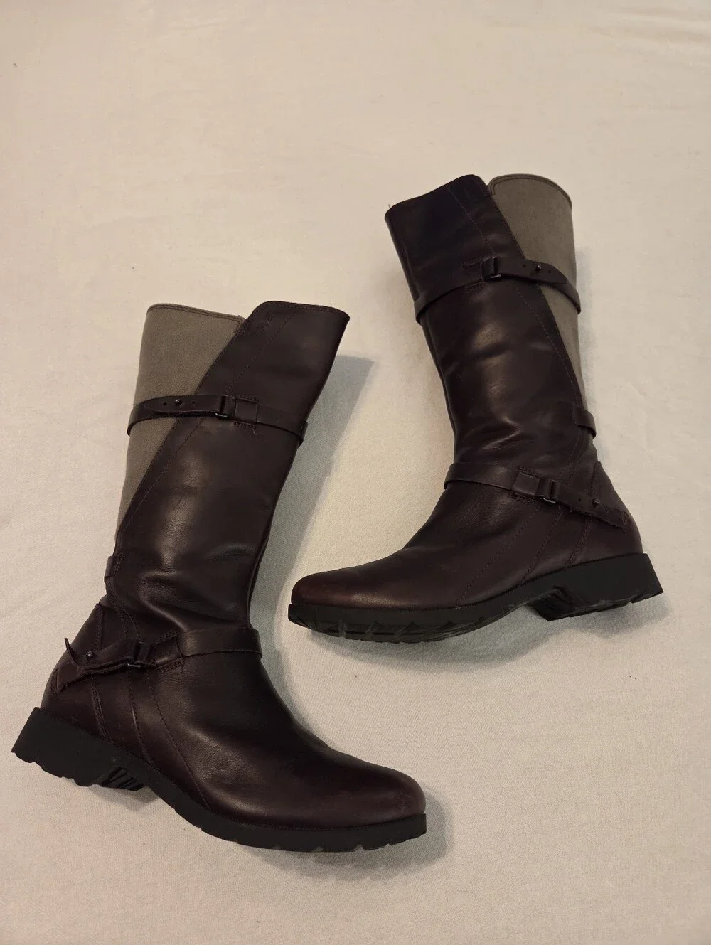 TEVA De La Vina Brown Leather Grey Canvas Tall Waterproof Gorpcore Riding Boots